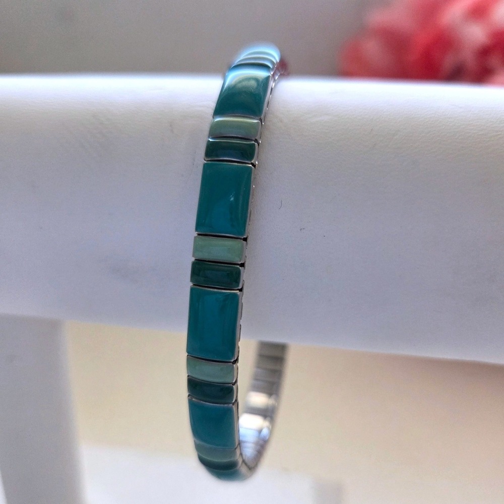 VTG Faux Turquoise Green Stone Silver Tone Stretch Expansion Bracelet